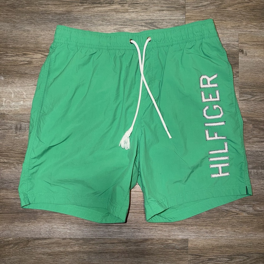 Tommy Hilfiger 7" Swim Trunks Mens Large Green Mesh Liner Logo Summer Beach